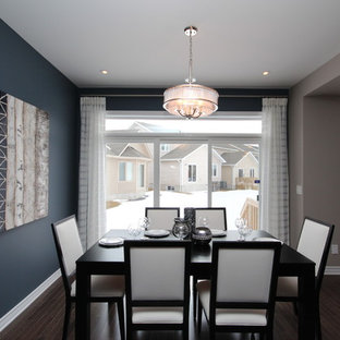 オタワの中サイズのコンテンポラリースタイルのLDKの画像 (青い壁、濃色無垢フローリング、暖炉なし、茶色い床)