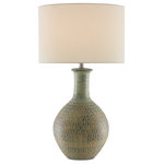 Currey & Company - Loro Table Lamp - The Loro Table Lamp is made of terracotta with a distressed dark moss green and gold surface. Stamped into the body of the green lamp are artful squares to bring it a textural appeal. The Loro is topped with an ivory shantung shade.
