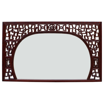 Chinese Reddish Brown Geometric Scenery Carving Wood Frame Wall Mirror