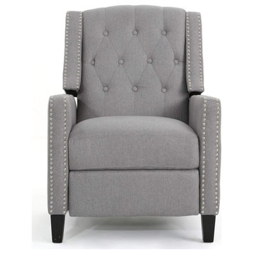 Accent Chair, Birch Legs With Tufted Polyester Seat, Recliner Design, Light Grey