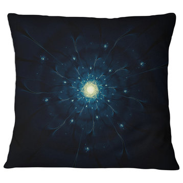 Glowing Fractal Flower Blue on Black Floral Throw Pillow, 18"x18"