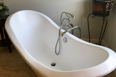 Large trendy master bathroom photo in Indianapolis with a hinged shower door