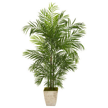 63" Areca Faux Palm Tree, Country White Planter UV Resistant, Indoor/Outdoor