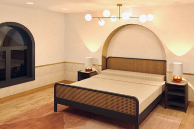 Example of a mid-sized trendy master medium tone wood floor and brown floor bedroom design in San Francisco with white walls and no fireplace