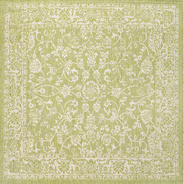 Tela Boho Textured Weave Floral Indoor/Outdoor Rug, Green/Cream, 5' Square