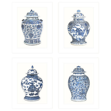 Set of 4, Blue & White Ginger Jar 8"x10" Prints on Archival Watercolor