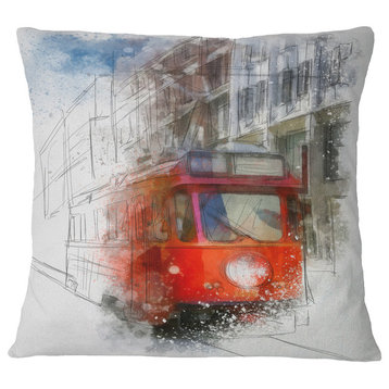 Red Trolley Car Watercolor Sketch Cityscape Throw Pillow, 18"x18"