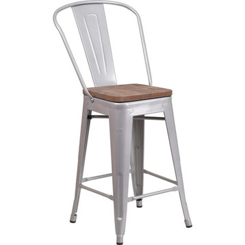 24"High Silver Metal Counter Height Stool with Back and Wood Seat