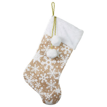 20.5" Glittered Gold Christmas Stocking With Snowflakes and Pom Poms