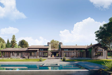 Inspiration for a huge rustic brown one-story wood exterior home remodel in San Francisco with a tile roof