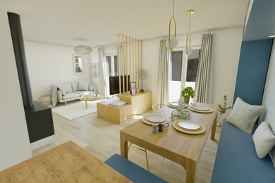 Exemple d'une salle à manger scandinave de taille moyenne avec une banquette d'angle, un mur bleu, parquet clair, une cheminée standard, un manteau de cheminée en pierre, un sol beige et du papier peint.