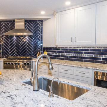 Coastal Navy & White Kitchen Remodel | Quartz Island & Herringbone Tile