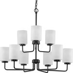 Progress Lighting - Merry 9-Light Matte Black Etched Glass Transitional Chandelier Light - Bring a modern vibe to any room with the Merry Collection 9-Light Matte Black Etched Glass Transitional Chandelier Light.