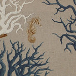 Brick House Fabrics - Blue Coral Seahorse Fabric, Standard Cut - A blue coral seahorse fabric. A coral fabric with seahorses. Three tones of blue from navy through muted turquoise to a soft milky tone are used with brown, golden tan, beige, and grey, with white. The colors are layered and blended, giving many color tones. The background is a cool greyed brown. The threads have light and dark variations. The effect from a distance is of Prussian blue and white coral trees with brown, and honey on beige.