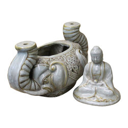 Chinese Handmade Light Gray Off White Elephant Buddha Accent Jar - Decorative Jars And Urns
