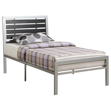 Benzara BM168476 Wooden Full Bed With Black Wood Panel Headboard, Silver
