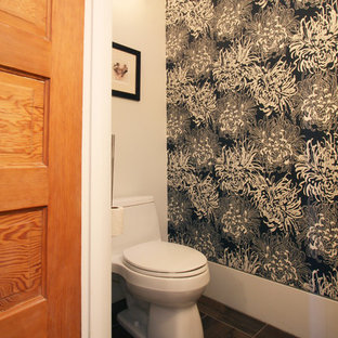Design ideas for a medium sized modern cloakroom in Portland with a one-piece toilet, grey tiles, white walls, slate flooring and a submerged sink.
