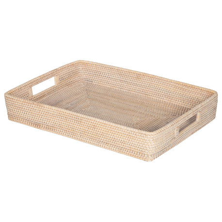 Loma Rattan Serving Tray With Cut-Out Handles, White-Wash