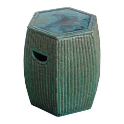 Chinese Hexagon Bamboo Theme Turquoise Green Ceramic Clay Garden Stool - Side Tables And End Tables