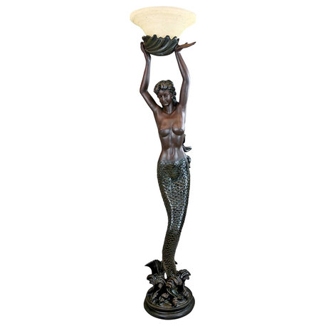 Unique Mermaid Body Floor Lamp with Glass Shade, Bronze Finish, Craftsman Style