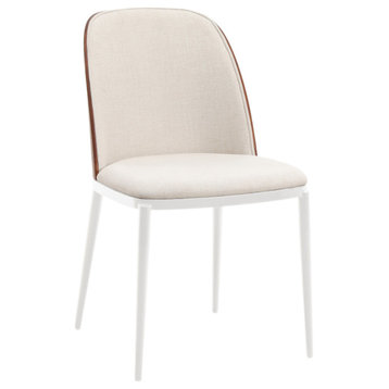 LeisureMod Tule Dining Chair With Upholstered Seat and White Steel Frame, Walnut/Beige
