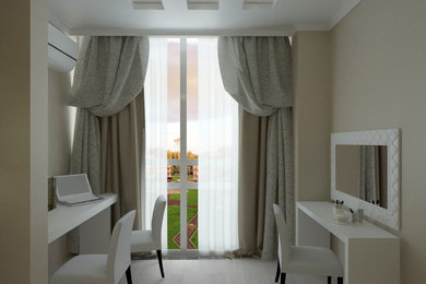 На фото: хозяйская спальня среднего размера в стиле модернизм с полом из ламината и белым полом