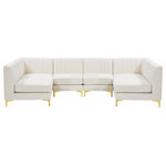 Meridian Furniture - Alina Velvet Modular U-Shaped Sectional, Cream, 6-Piece: 4 Armless Chair, 2 Corner Chair - Bring modern beauty to your space with the addition of this Alina Velvet Modular sectional. This beautiful sectional features deep channel tufting to ramp up its visual interest and add to its resilient demeanor. Its soft cream velvet upholstery blends nicely with existing elements in your room and is sleek to the touch, making this seat a super comfortable one. Part of the modular Alina collection, this sectional has a latch that attaches it to other pieces to create your custom seating arrangement.