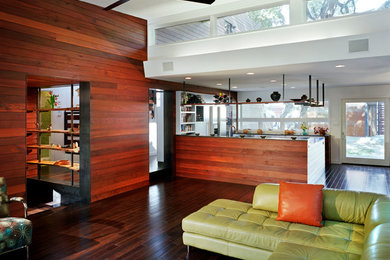 Inspiration for a mid-sized contemporary formal and open concept dark wood floor living room remodel in Austin with white walls, no fireplace and no tv