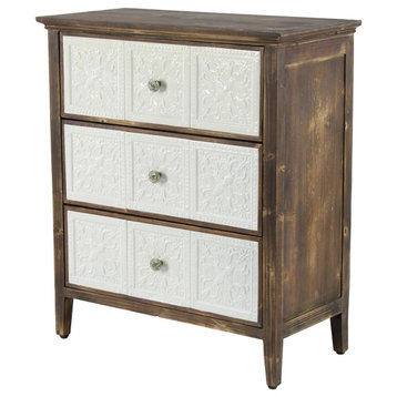 Farmhouse Storage Cabinet, 3 Lacquered Drawers With Embossed Floral Accent