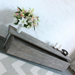 Joanna Reclaimed Grey Washed Scaffolding Board Low Bench with Wheel Out Drawer - Media Storage & Media Units