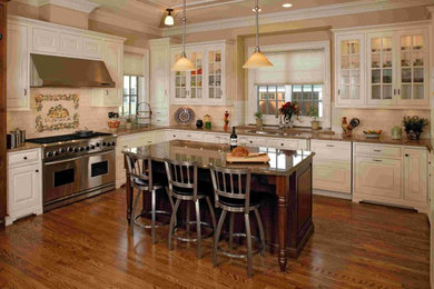 Example of a large minimalist galley medium tone wood floor eat-in kitchen design in Atlanta with a double-bowl sink, glass-front cabinets, light wood cabinets, granite countertops, beige backsplash, ceramic backsplash, stainless steel appliances and an island