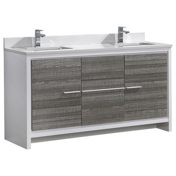 Allier Rio Double Sink Bathroom Cabinet With Top and Sinks, Ash Gray, 60"