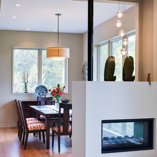 デトロイトの中サイズのコンテンポラリースタイルのLDKの画像 (ベージュの壁、両方向型暖炉、濃色無垢フローリング)