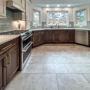 Two Tone Kitchen with Wood Stained and Light Beige Cabinets