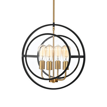 4-Light Black and Antique Gold Round Chandelier With Clear Glass Disc