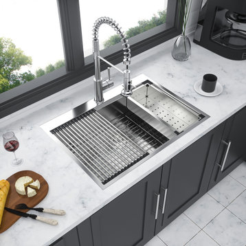 Brushed Nickel Stainless Steel 30 in. Single Bowl Drop-In Kitchen Sink with Work