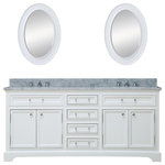 Water Creation - Derby White Bathroom Vanity, Pure White, 72" Wide, Two Mirrors, No Faucet - Add a touch of sophistication to your bathroom with the Derby Double Vanity which includes his and hers sinks. Featuring undermount oval-shaped ceramic sinks, solid brass hardware and tempered glass knobs and pulls, no detail was overlooked in the making of this piece. With a Carrara white marble countertop and multiple drawers and cupboards, this vanity offers ample storage while being stylish. This charming white-colored bathroom vanity combines innovative craftsmanship with a timeless design and is unmistakably sophisticated. Water Creation creates luxurious pieces that are classically inspired and detail-oriented.