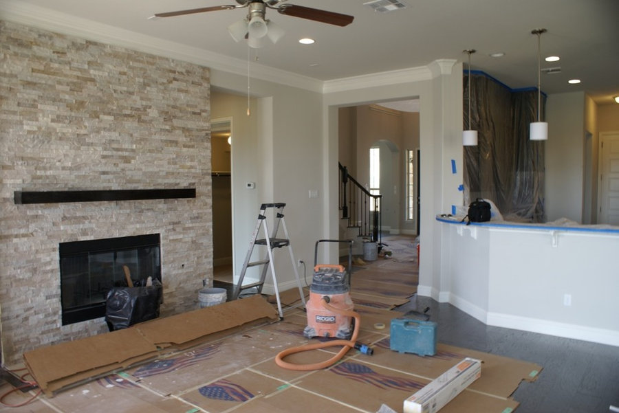 Glass tile, Engineered wood and stacked stone