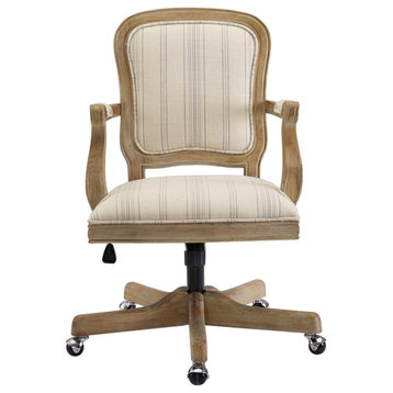 Linon Maybell Wood Base Upholstered Office Chair with Wheels in Beige Stripe