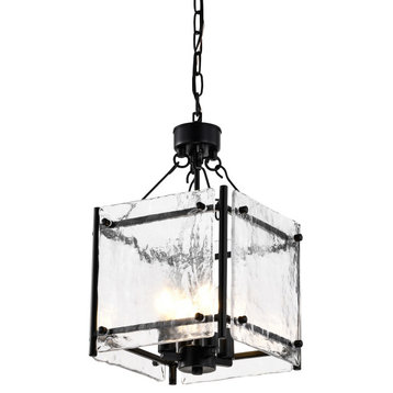 4-Light Matte Black Square Lantern Pendant Design Chandelier With Rippled Glass