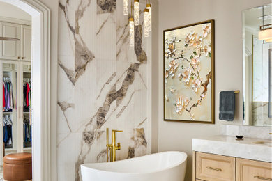 Example of a large transitional master double-sink walk-in shower design in Dallas with recessed-panel cabinets, light wood cabinets, an undermount sink, marble countertops and a built-in vanity