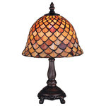 Meyda Lighting - 12"H Tiffany Fishscale Mini Lamp - A Louis Comfort Tiffany studio classic fishscale pattern reproduced in variegated Tortoiseshell of Ambers and Burgundy. This handsome stained glass shade is used with a Mahogany Bronze hand finished lamp base. A versatile mini lamp to complement any color or style.