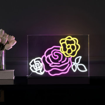 Crowd Of Roses 15" X 10.3" Acrylic Box USB LED Neon Light, Pink/White/Yellow