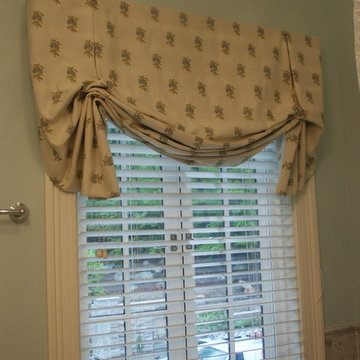 Tuxedo Roman Topper over Wood Blinds