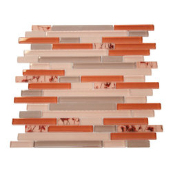 Glossy Orange and Grey with Flower Pieces Random Brick Pattern Mosaic Tiles - Home Decor