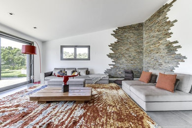 Inspiration pour un salon design avec une salle de réception, un mur blanc, un sol gris et éclairage.