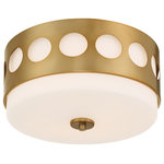 Crystorama - Kirby 2 Light Ceiling Mount, Vibrant Gold - The drum-shaped Kirby flush mount sends focused light to a space.  A perfect choice for low ceilings, the solid white glass, and circular geometric metal overlay pattern is a stylish choice for various spaces.