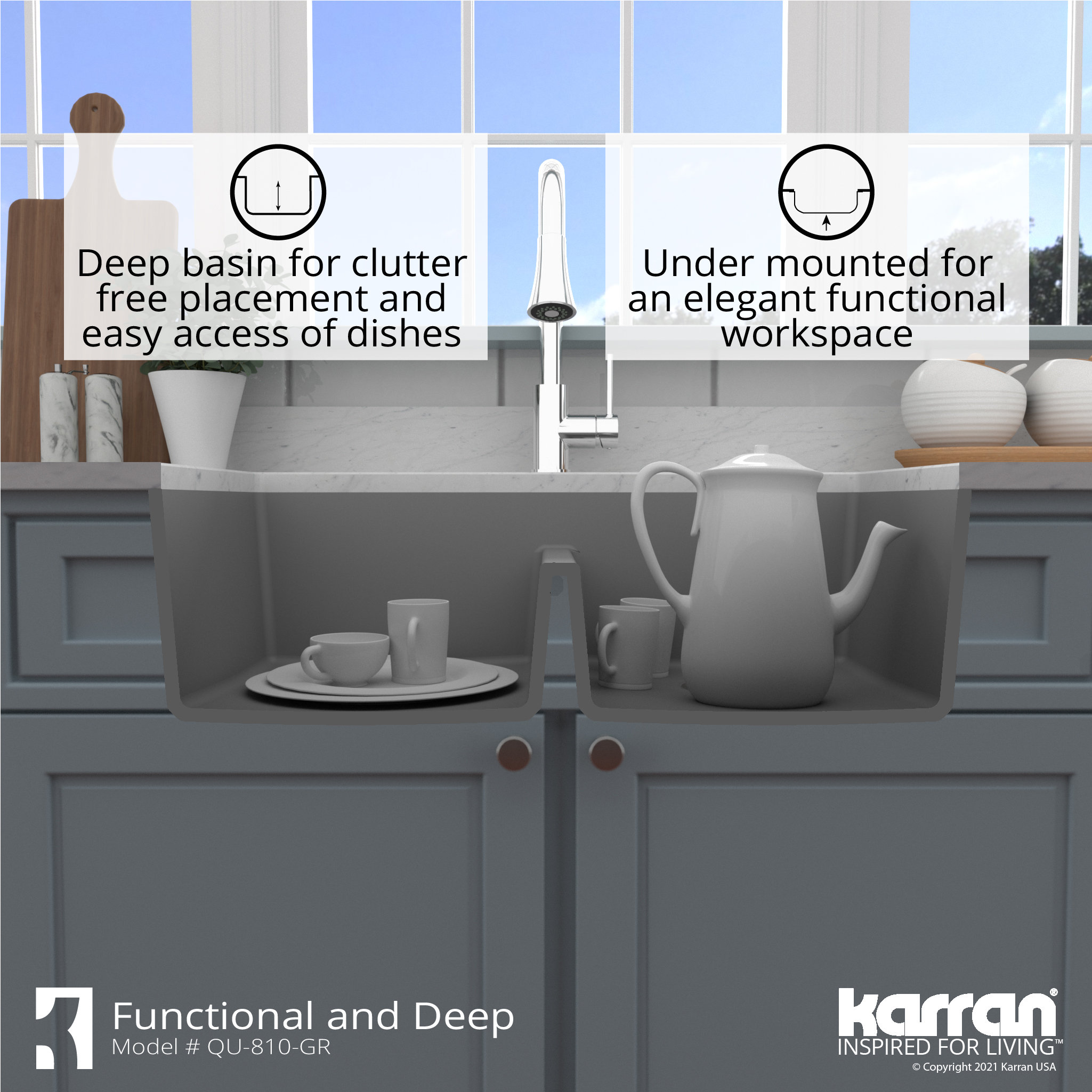 Karran 32" Undermount Double Bowl 50/50 Quartz Kitchen Sink Kit, Grey