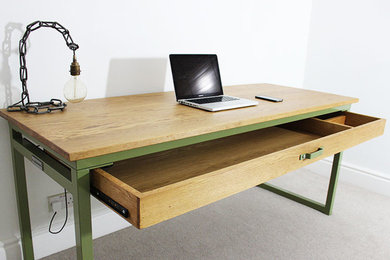 Remington Industrial Desk with Full Length Drawer / Reed Green / Medium Oak