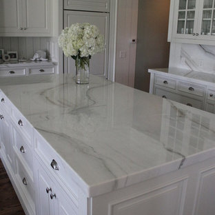 Mid-sized traditional kitchen pantry pictures - Example of a mid-sized classic u-shaped dark wood floor and brown floor kitchen pantry design in Jacksonville with an undermount sink, raised-panel cabinets, white cabinets, marble countertops, beige backsplash, marble backsplash, paneled appliances and an island